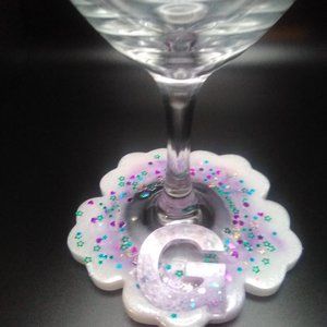 Initial Creamy White Confetti Wine Glass with Attached Coaster